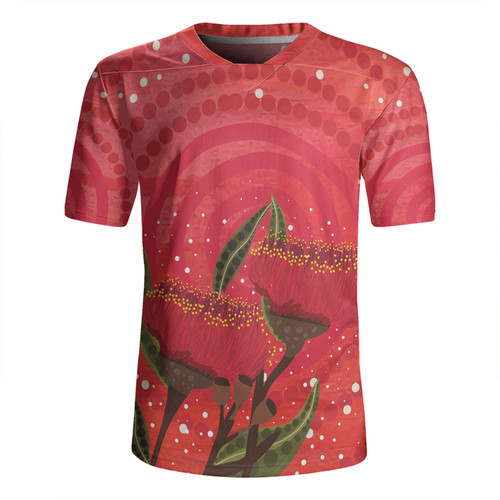 Australia Aboriginal Rugby Jersey - Red Aboriginal Art With Eucalyptus Flowers Rugby Jersey