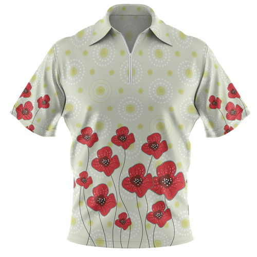 Australia Aboriginal Zip Polo Shirt - Poppy Flowers Background In Aboriginal Dot Art Style Zip Polo Shirt