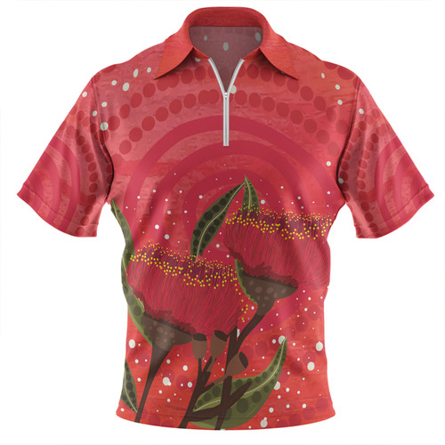 Australia Aboriginal Zip Polo Shirt - Red Aboriginal Art With Eucalyptus Flowers Zip Polo Shirt