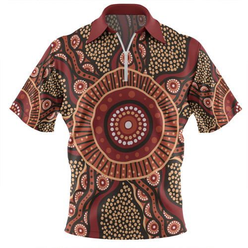 Australia Aboriginal Zip Polo Shirt - Brown Aboriginal Style Dot Painting Zip Polo Shirt