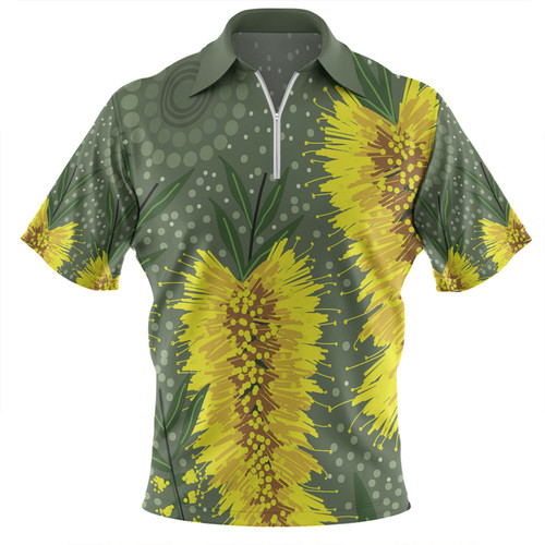 Australia Aboriginal Zip Polo Shirt - Yellow Bottle Brush Flora In Aboriginal Painting Zip Polo Shirt