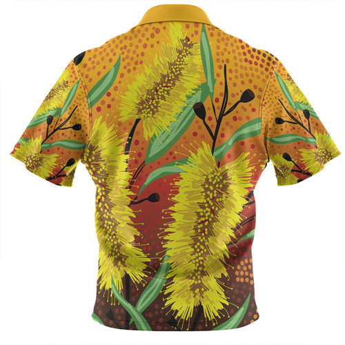 Australia Aboriginal Zip Polo Shirt - Aboriginal Art Of Yellow Bottle Brush Plant Zip Polo Shirt Australia Aboriginal Zip Polo Shirt - Aboriginal Art Of Yellow Bottle Brush Plant Zip Polo Shirt
