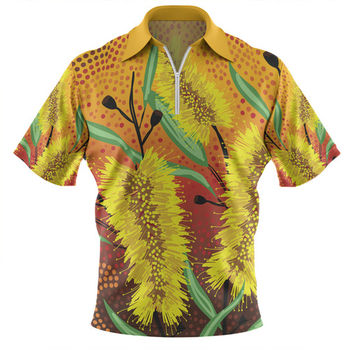 Australia Aboriginal Zip Polo Shirt - Aboriginal Art Of Yellow Bottle Brush Plant Zip Polo Shirt