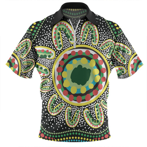 Australia Aboriginal Zip Polo Shirt - Aboriginal Art Painting Decorated With The Colorful Dots Zip Polo Shirt