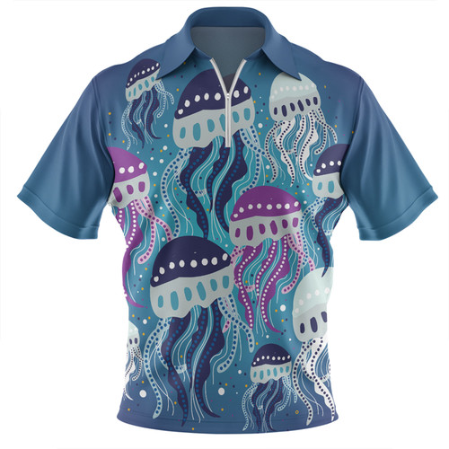 Australia Aboriginal Zip Polo Shirt - Aboriginal Art Painting With Jellyfish Zip Polo Shirt
