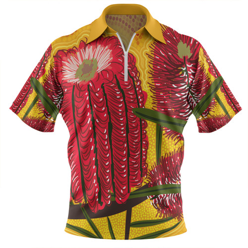 Australia Aboriginal Zip Polo Shirt - Aboriginal Dot Art Of Australian Native Banksia Flower Zip Polo Shirt