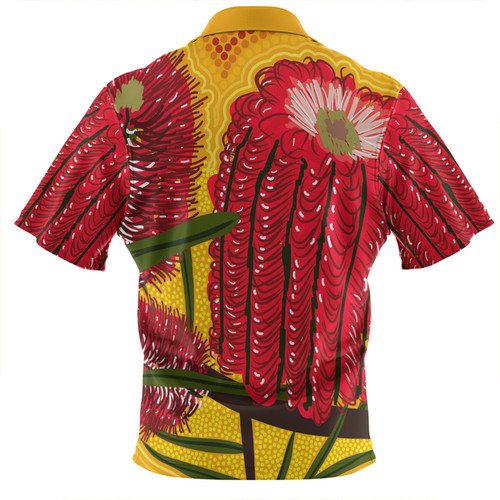 Australia Aboriginal Zip Polo Shirt - Aboriginal Dot Art Of Australian Native Banksia Flower Zip Polo Shirt Australia Aboriginal Zip Polo Shirt - Aboriginal Dot Art Of Australian Native Banksia Flower Zip Polo Shirt
