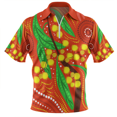 Australia Aboriginal Zip Polo Shirt - Aboriginal Dot Art Of Australian Yellow Wattle Painting Zip Polo Shirt