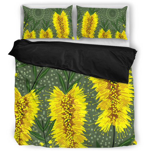 Australia Aboriginal Bedding Set - Yellow Bottle Brush Flora In Aboriginal Painting Bedding Set Australia Aboriginal Bedding Set - Yellow Bottle Brush Flora In Aboriginal Painting Bedding Set