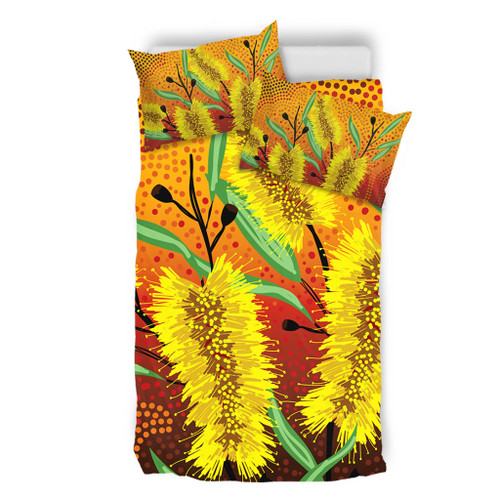 Australia Aboriginal Bedding Set - Aboriginal Art Of Yellow Bottle Brush Plant Bedding Set Australia Aboriginal Bedding Set - Aboriginal Art Of Yellow Bottle Brush Plant Bedding Set