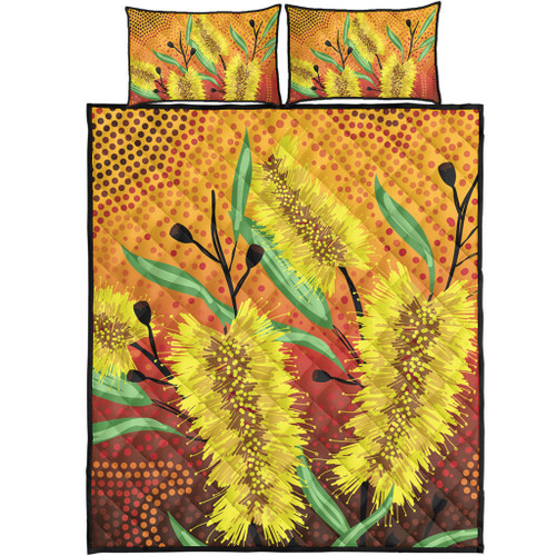 Australia Aboriginal Quilt Bed Set - Aboriginal Art Of Yellow Bottle Brush Plant Quilt Bed Set Australia Aboriginal Quilt Bed Set - Aboriginal Art Of Yellow Bottle Brush Plant Quilt Bed Set
