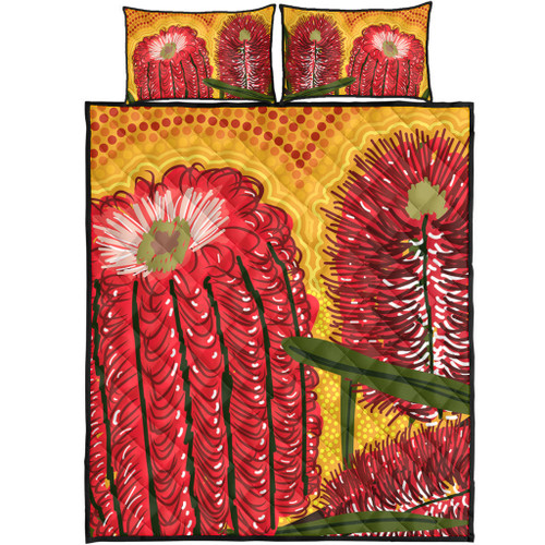 Australia Aboriginal Quilt Bed Set - Aboriginal Dot Art Of Australian Native Banksia Flower Quilt Bed Set Australia Aboriginal Quilt Bed Set - Aboriginal Dot Art Of Australian Native Banksia Flower Quilt Bed Set