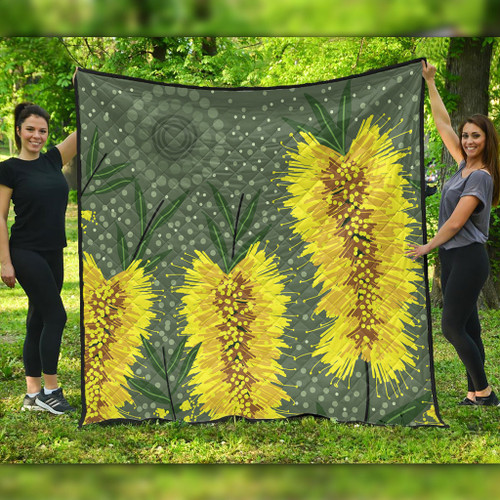 Australia Aboriginal Quilt - Yellow Bottle Brush Flora In Aboriginal Painting Quilt Australia Aboriginal Quilt - Yellow Bottle Brush Flora In Aboriginal Painting Quilt
