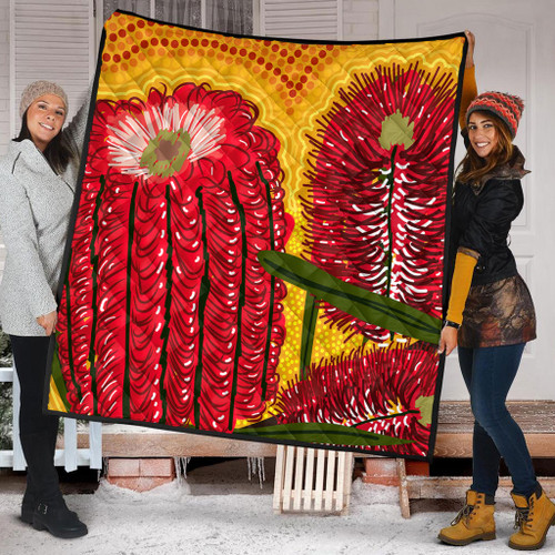 Australia Aboriginal Quilt - Aboriginal Dot Art Of Australian Native Banksia Flower Quilt Australia Aboriginal Quilt - Aboriginal Dot Art Of Australian Native Banksia Flower Quilt