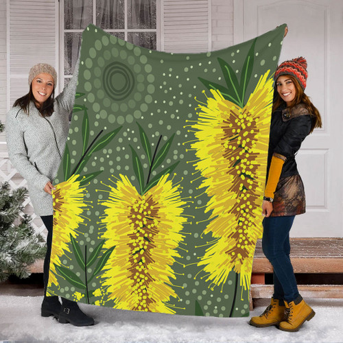 Australia Aboriginal Blanket - Yellow Bottle Brush Flora In Aboriginal Painting Blanket Australia Aboriginal Blanket - Yellow Bottle Brush Flora In Aboriginal Painting Blanket