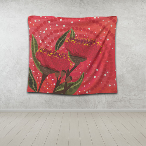 Australia Aboriginal Tapestry - Red Aboriginal Art With Eucalyptus Flowers Tapestry Australia Aboriginal Tapestry - Red Aboriginal Art With Eucalyptus Flowers Tapestry
