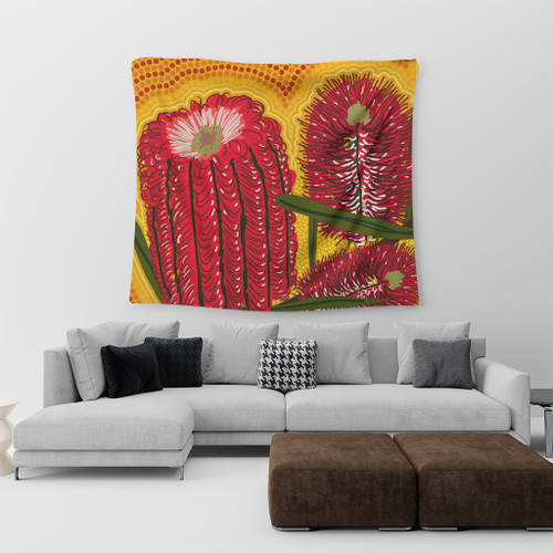 Australia Aboriginal Tapestry - Aboriginal Dot Art Of Australian Native Banksia Flower Tapestry