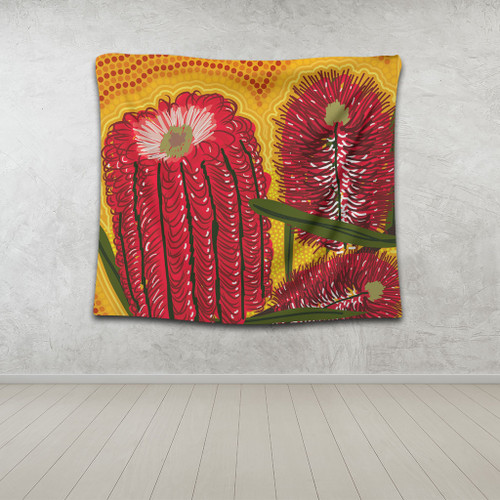 Australia Aboriginal Tapestry - Aboriginal Dot Art Of Australian Native Banksia Flower Tapestry Australia Aboriginal Tapestry - Aboriginal Dot Art Of Australian Native Banksia Flower Tapestry