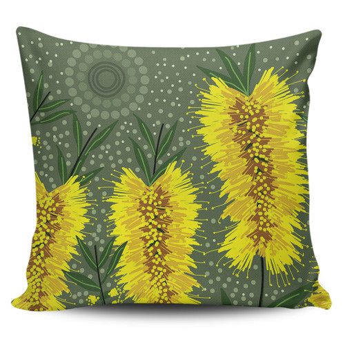 Australia Aboriginal Pillow Cases - Yellow Bottle Brush Flora In Aboriginal Painting Pillow Cases Australia Aboriginal Pillow Cases - Yellow Bottle Brush Flora In Aboriginal Painting Pillow Cases