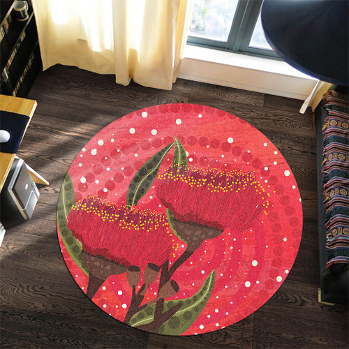 Australia Aboriginal Round Rug - Red Aboriginal Art With Eucalyptus Flowers Round Rug Australia Aboriginal Round Rug - Red Aboriginal Art With Eucalyptus Flowers Round Rug