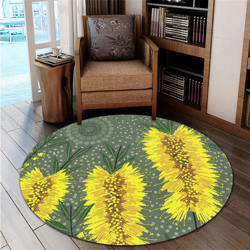 Australia Aboriginal Round Rug - Yellow Bottle Brush Flora In Aboriginal Painting Round Rug