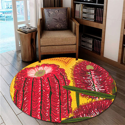 Australia Aboriginal Round Rug - Aboriginal Dot Art Of Australian Native Banksia Flower Round Rug