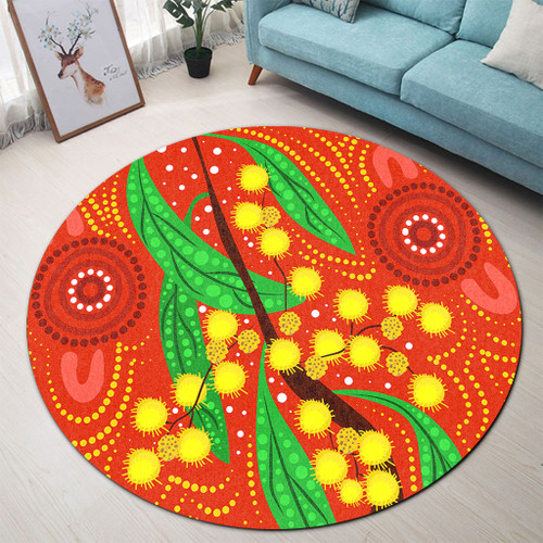 Australia Aboriginal Round Rug - Aboriginal Dot Art Of Australian Yellow Wattle Painting Round Rug