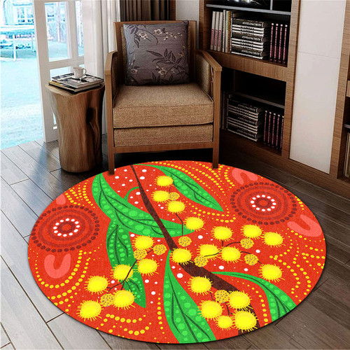 Australia Aboriginal Round Rug - Aboriginal Dot Art Of Australian Yellow Wattle Painting Round Rug