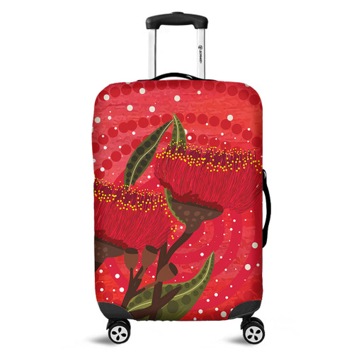 Australia Aboriginal Luggage Cover - Red Aboriginal Art With Eucalyptus Flowers Luggage Cover Australia Aboriginal Luggage Cover - Red Aboriginal Art With Eucalyptus Flowers Luggage Cover
