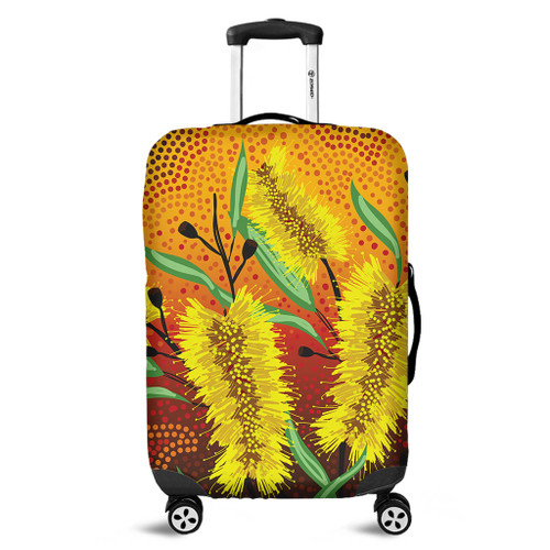 Australia Aboriginal Luggage Cover - Aboriginal Art Of Yellow Bottle Brush Plant Luggage Cover Australia Aboriginal Luggage Cover - Aboriginal Art Of Yellow Bottle Brush Plant Luggage Cover