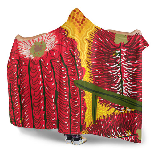 Australia Aboriginal Hooded Blanket - Aboriginal Dot Art Of Australian Native Banksia Flower Hooded Blanket Australia Aboriginal Hooded Blanket - Aboriginal Dot Art Of Australian Native Banksia Flower Hooded Blanket