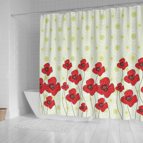 Australia Aboriginal Shower Curtain - Poppy Flowers Background In Aboriginal Dot Art Style Shower Curtain Australia Aboriginal Shower Curtain - Poppy Flowers Background In Aboriginal Dot Art Style Shower Curtain