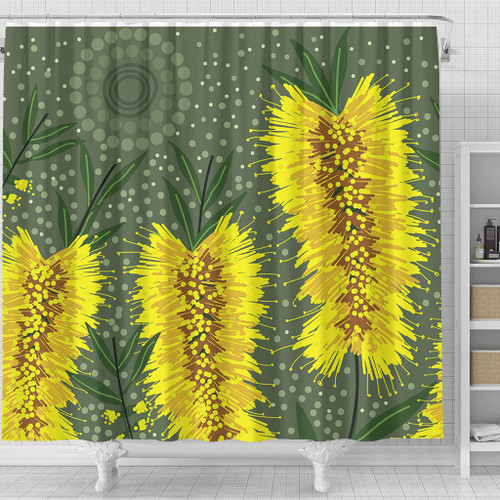 Australia Aboriginal Shower Curtain - Yellow Bottle Brush Flora In Aboriginal Painting Shower Curtain Australia Aboriginal Shower Curtain - Yellow Bottle Brush Flora In Aboriginal Painting Shower Curtain