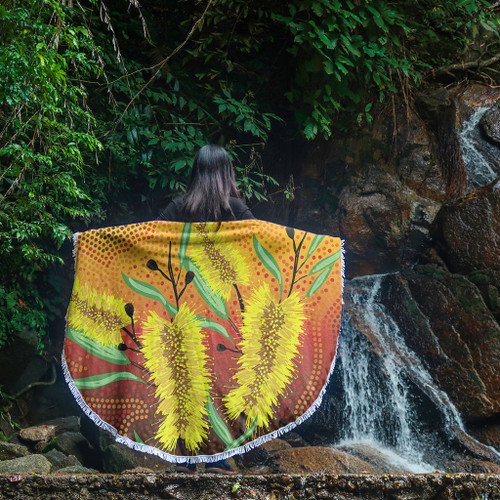 Australia Aboriginal Beach Blanket - Aboriginal Art Of Yellow Bottle Brush Plant Beach Blanket Australia Aboriginal Beach Blanket - Aboriginal Art Of Yellow Bottle Brush Plant Beach Blanket