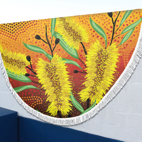 Australia Aboriginal Beach Blanket - Aboriginal Art Of Yellow Bottle Brush Plant Beach Blanket Australia Aboriginal Beach Blanket - Aboriginal Art Of Yellow Bottle Brush Plant Beach Blanket