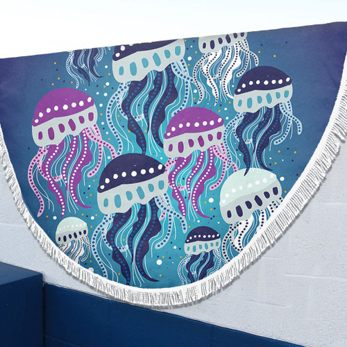 Australia Aboriginal Beach Blanket - Aboriginal Art Painting With Jellyfish Beach Blanket Australia Aboriginal Beach Blanket - Aboriginal Art Painting With Jellyfish Beach Blanket