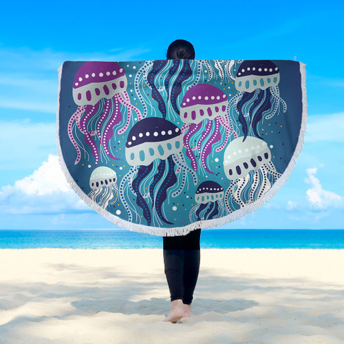 Australia Aboriginal Beach Blanket - Aboriginal Art Painting With Jellyfish Beach Blanket Australia Aboriginal Beach Blanket - Aboriginal Art Painting With Jellyfish Beach Blanket
