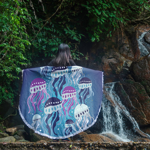 Australia Aboriginal Beach Blanket - Aboriginal Art Painting With Jellyfish Beach Blanket Australia Aboriginal Beach Blanket - Aboriginal Art Painting With Jellyfish Beach Blanket