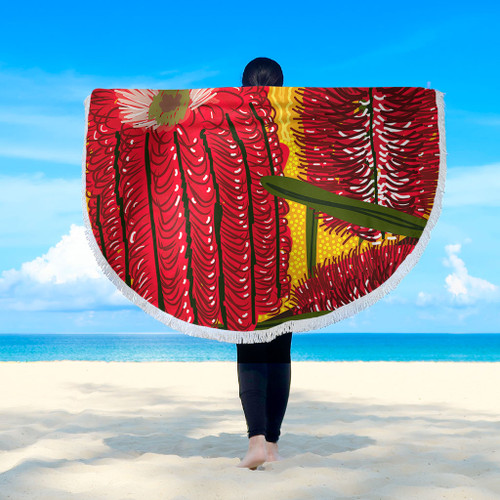 Australia Aboriginal Beach Blanket - Aboriginal Dot Art Of Australian Native Banksia Flower Beach Blanket Australia Aboriginal Beach Blanket - Aboriginal Dot Art Of Australian Native Banksia Flower Beach Blanket