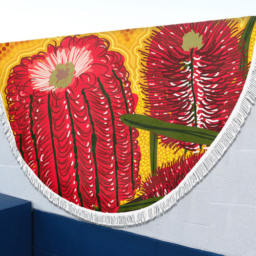 Australia Aboriginal Beach Blanket - Aboriginal Dot Art Of Australian Native Banksia Flower Beach Blanket Australia Aboriginal Beach Blanket - Aboriginal Dot Art Of Australian Native Banksia Flower Beach Blanket