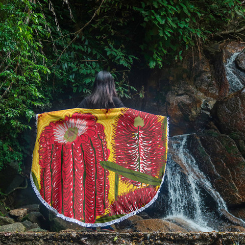 Australia Aboriginal Beach Blanket - Aboriginal Dot Art Of Australian Native Banksia Flower Beach Blanket Australia Aboriginal Beach Blanket - Aboriginal Dot Art Of Australian Native Banksia Flower Beach Blanket
