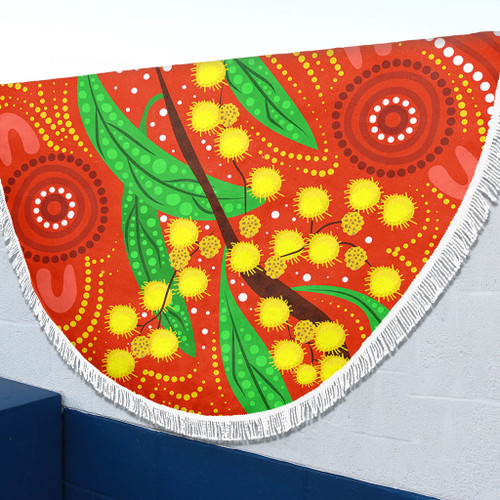 Australia Aboriginal Beach Blanket - Aboriginal Dot Art Of Australian Yellow Wattle Painting Beach Blanket Australia Aboriginal Beach Blanket - Aboriginal Dot Art Of Australian Yellow Wattle Painting Beach Blanket