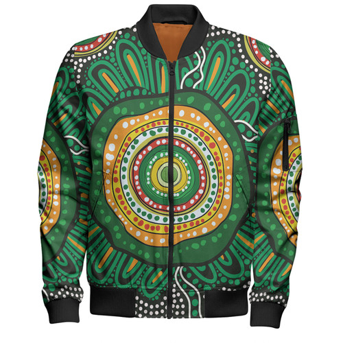 Australia Aboriginal Bomber Jacket - Green Aboriginal Style Dot Painting Bomber Jacket