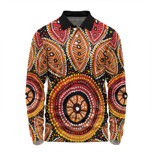 Australia Aboriginal Long Sleeve Polo Shirt - Beautiful Dotted Leaves Aboriginal Art Background Long Sleeve Polo Shirt