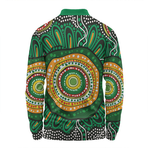 Australia Aboriginal Long Sleeve Polo Shirt - Green Aboriginal Style Dot Painting Long Sleeve Polo Shirt