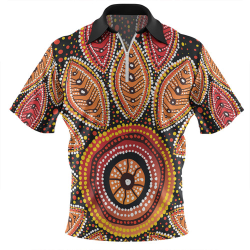 Australia Aboriginal Zip Polo Shirt - Beautiful Dotted Leaves Aboriginal Art Background Zip Polo Shirt