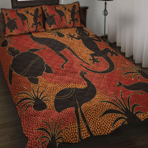 Australia Aboriginal Quilt Bed Set - Aboriginal Dot Art With Animals Quilt Bed Set