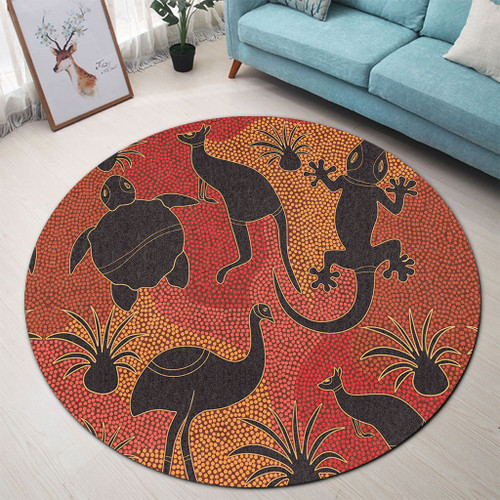 Australia Aboriginal Round Rug - Aboriginal Dot Art With Animals Round Rug Australia Aboriginal Round Rug - Aboriginal Dot Art With Animals Round Rug
