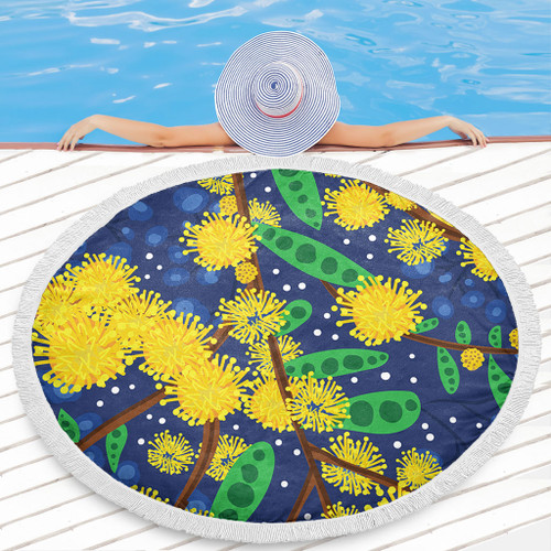 Australia Aboriginal Beach Blanket - Australian Yellow Wattle Flower Artwork Beach Blanket