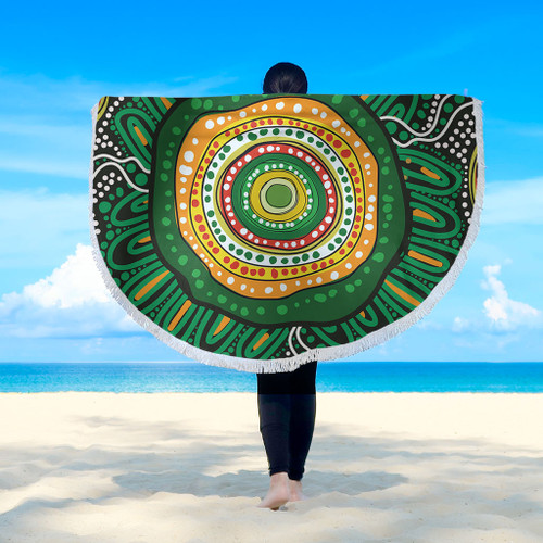 Australia Aboriginal Beach Blanket - Green Aboriginal Style Dot Painting Beach Blanket Australia Aboriginal Beach Blanket - Green Aboriginal Style Dot Painting Beach Blanket